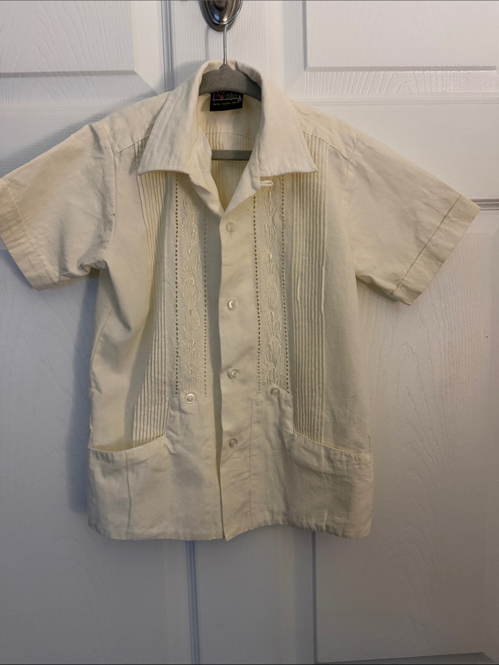 Boys Cream Short-Sleeve Embroidered Button-Down Shirt